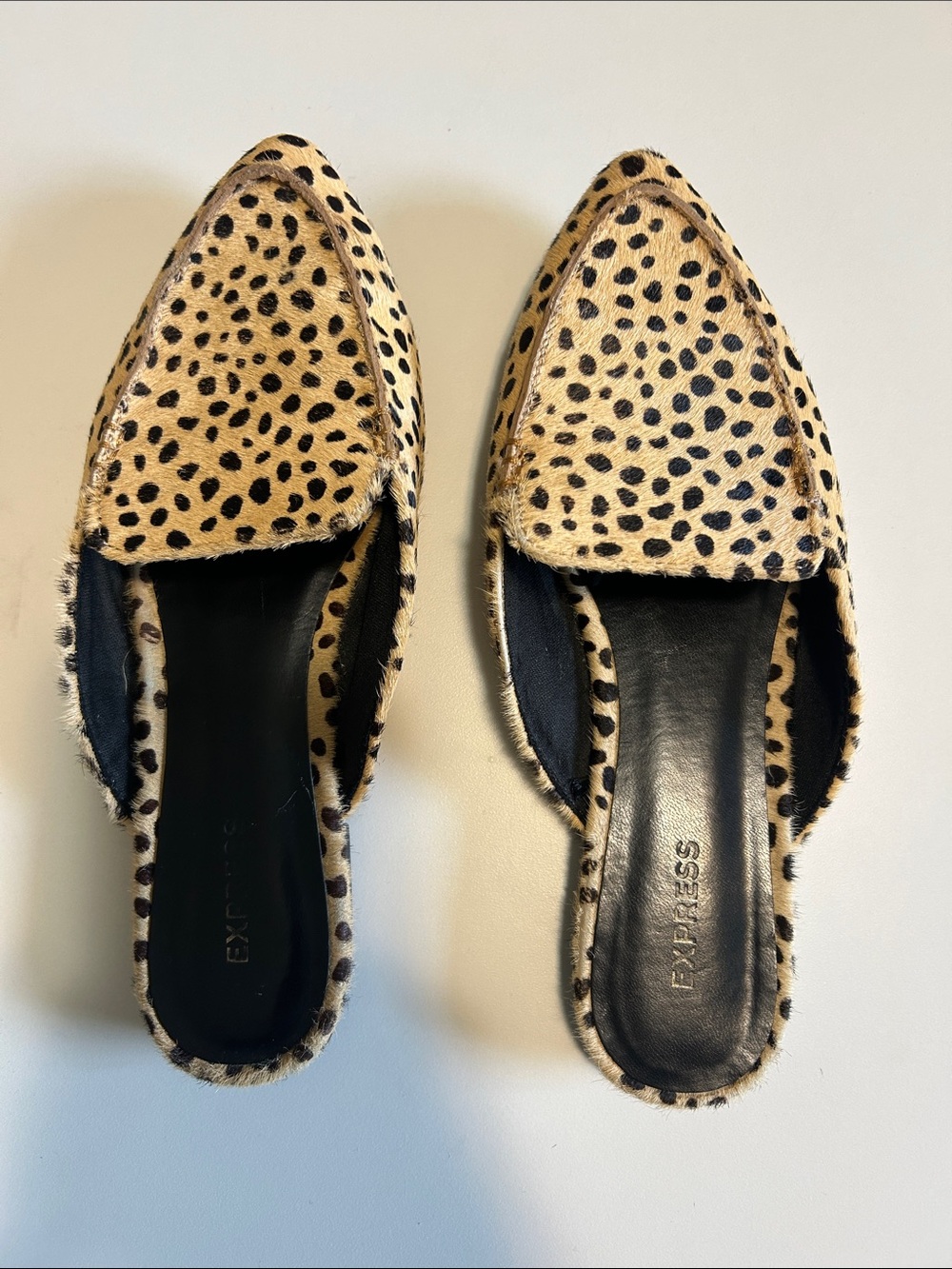 Express Leopard-Print Pointed Mule in Tan and Black sz 7